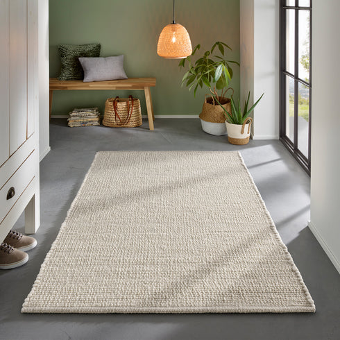 Wollteppich Natur | Reine Schur-Wolle Handweb Teppich im Skandinavischen Design | Weiß